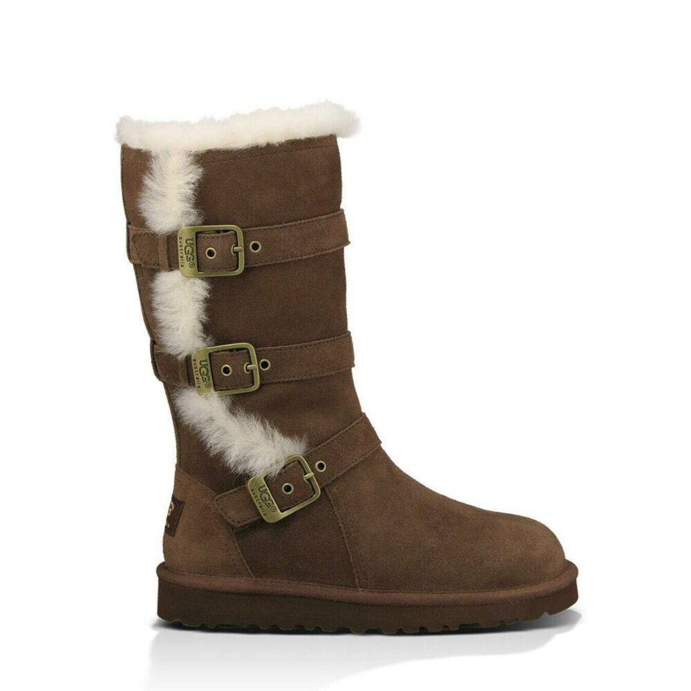 UGG Brown Suede Shearling Buckle Tall Kids Snow Boots